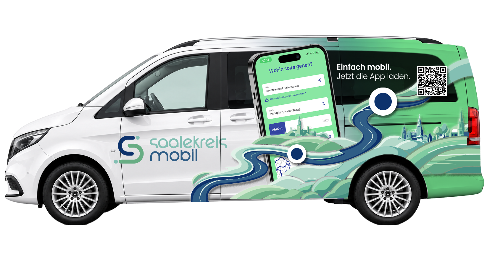 Seitenansicht eines Saalekreis mobil Kleinbusses mit Logo und App-Motiv