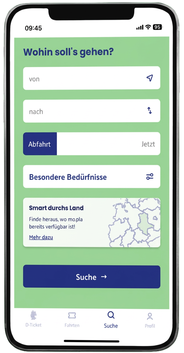 Bildschirm der mopla-App mit der Suche nach Start und Ziel